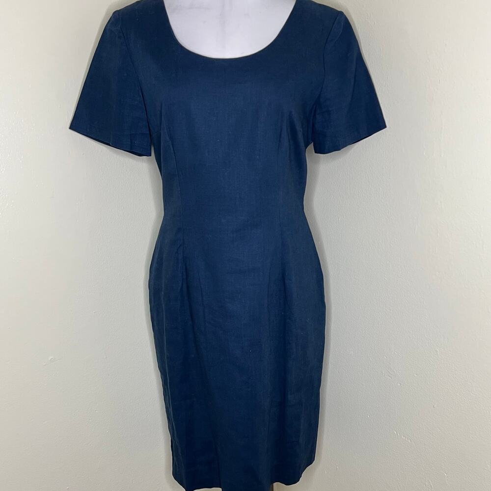 Vintage Carol Horn Workshop Linen Blend Dress 10 Sheath Blue Lagenlook 80s Midi